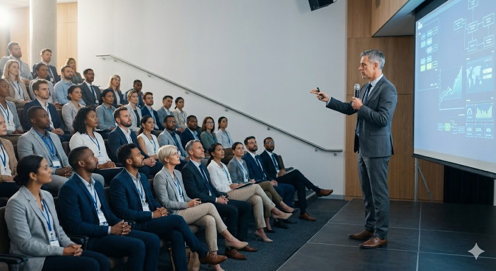 Executive presenting a strategic growth presentation to a professional audience