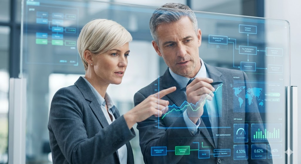 Executives reviewing performance dashboards and strategic metrics