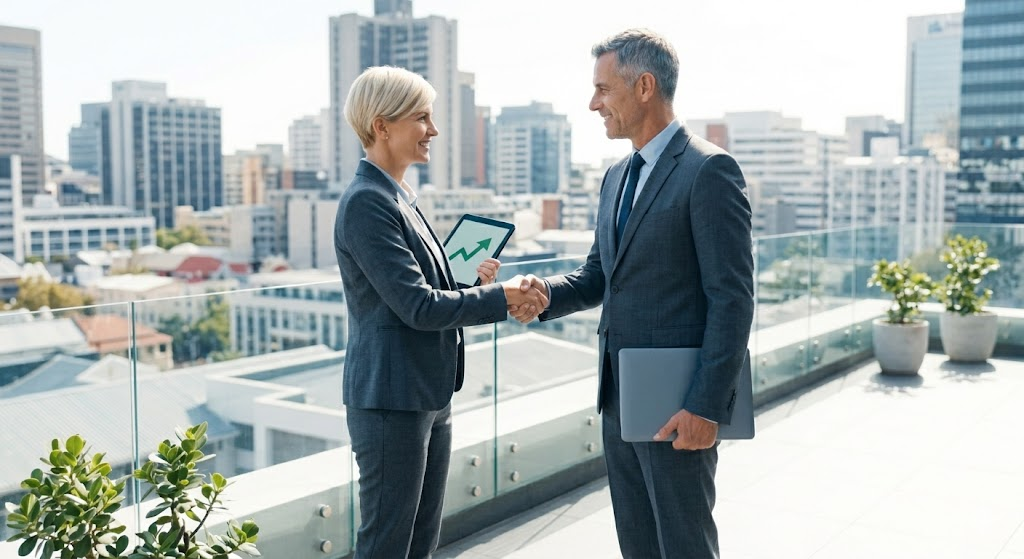 Business professionals shaking hands on a rooftop terrace
