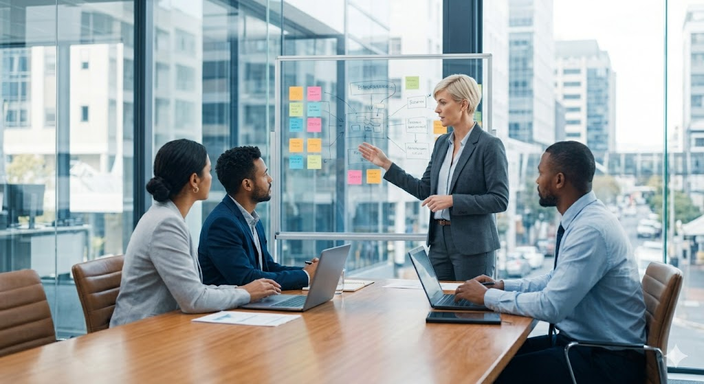 Business strategy session in a modern boardroom